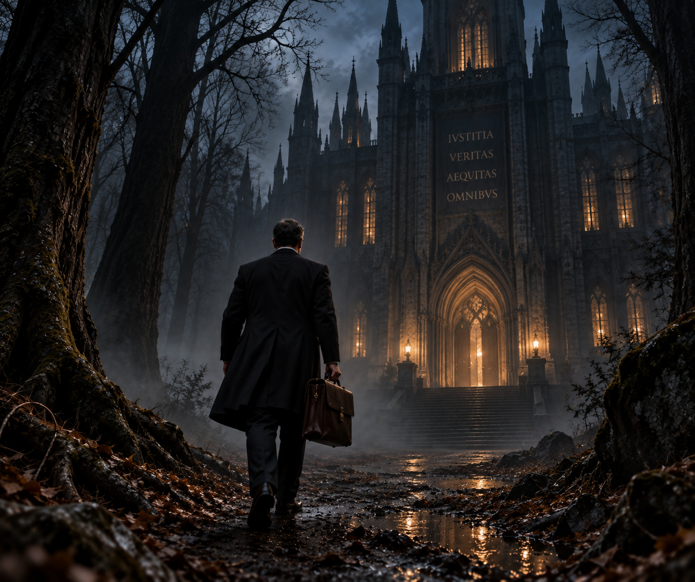 A suited attorney carrying a leather satchel walks through a dark forest toward an illuminated Gothic building.